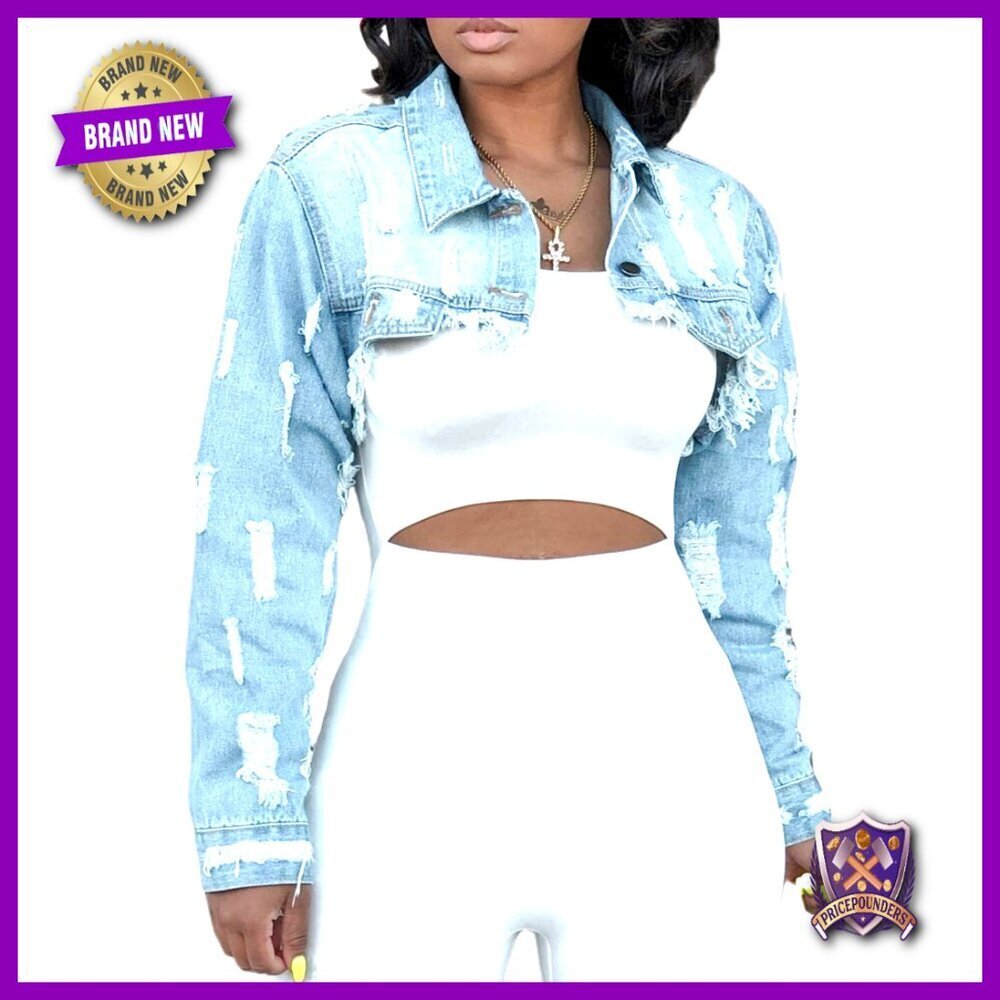 Cropped Denim Jacket Oversized Boyfriend Fit Destroyed Wash Long Sleeve